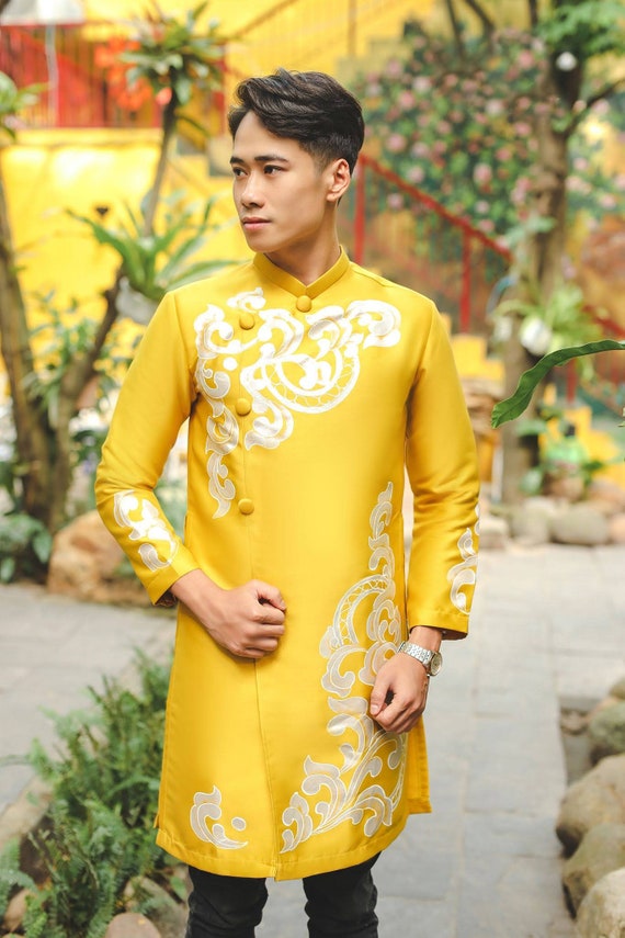 Yellow Ao Dai Vietnam for Men, High Quality Hand-drawn Vietnamese