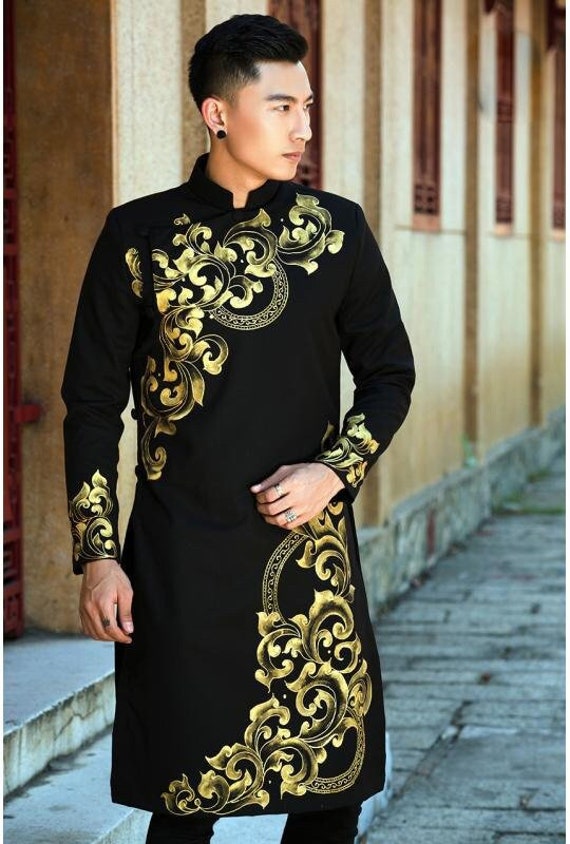 Black or Navy Blue Embroidered Vietnamese Traditional Long Dress for Men, Ao  Dai Chu Re, Ao Dai Nam. No Pants G25 -  Canada