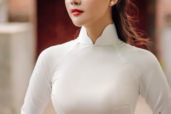 High Quality Vietnamese Ao Dai White, Special High Collar Ao Dai,  Vietnamese Ao Dai Trang, Include Pants 