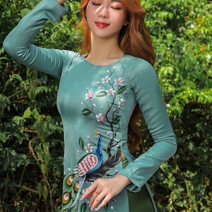Hand-painted Ao Dai Vietnam, High quality Vietnamese traditional costume, Vietnamese traditional clothing include pants image 7