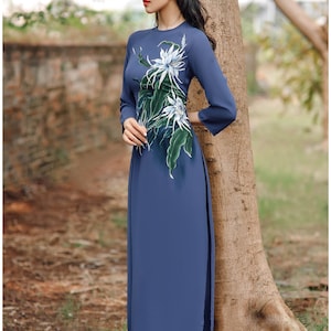 Hand-painted Ao Dai Vietnam, High quality Vietnamese traditional costume, Vietnamese traditional clothing include pants image 3