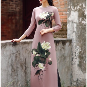 Hand-painted Ao Dai Vietnam, High quality Vietnamese traditional costume, Vietnamese traditional clothing include pants Rose nude