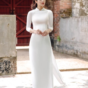 High quality Vietnamese Ao dai white, special Vietnamese Ao Dai trang, include pants image 8