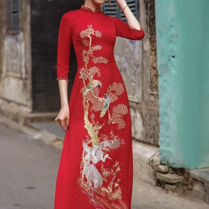 Wedding ao dai, High quality Ao dai Vietnam, handmade Vietnamese traditional costume include pants image 4