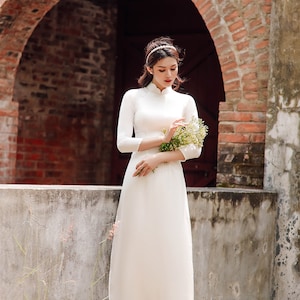 High quality Vietnamese Ao dai white, special Vietnamese Ao Dai trang, include pants image 6