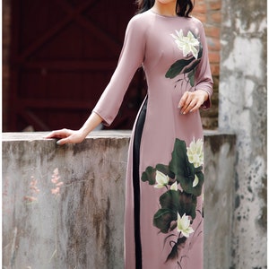Hand-painted Ao Dai Vietnam, High quality Vietnamese traditional costume, Vietnamese traditional clothing include pants image 5