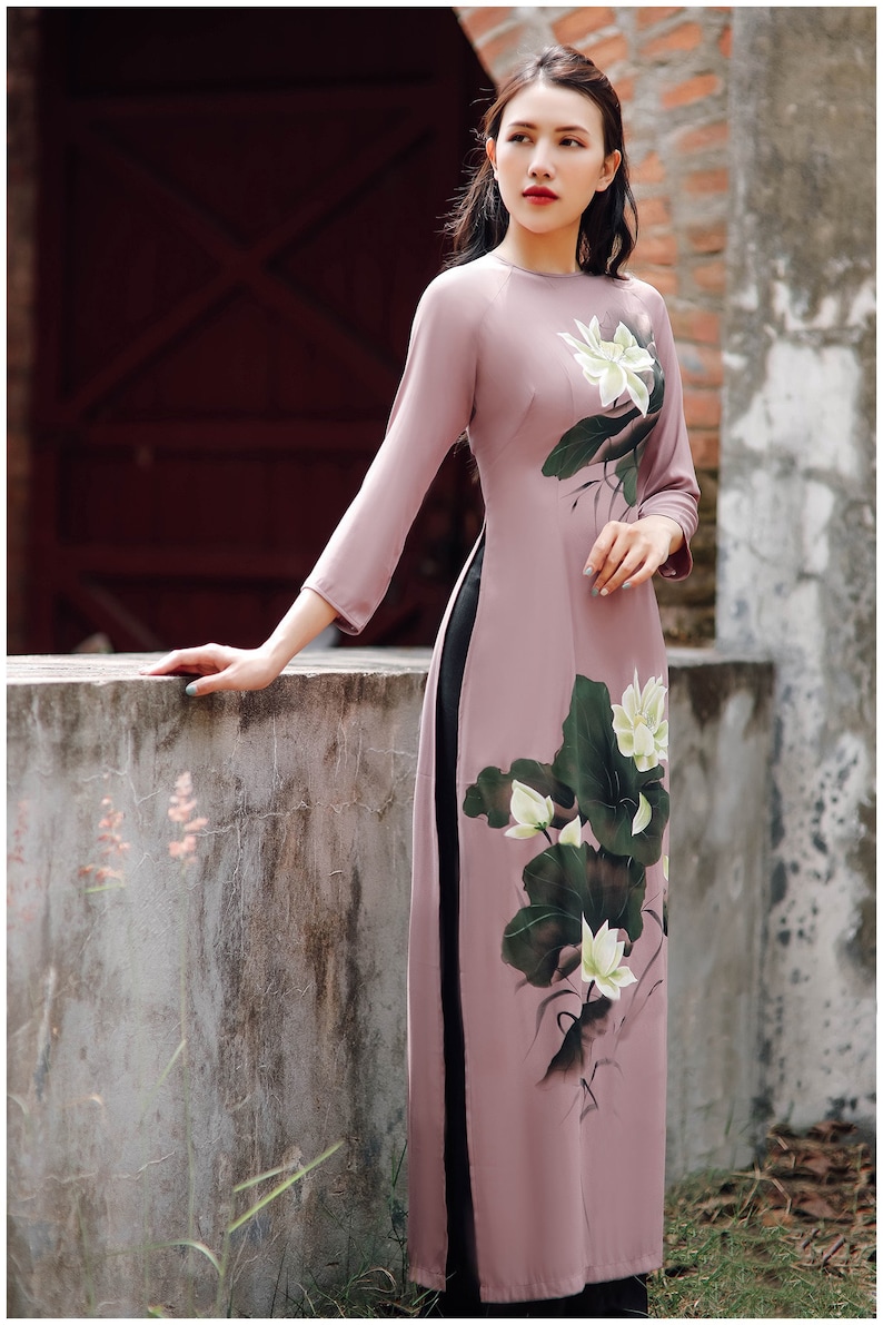 Hand-painted Ao Dai Vietnam, High quality Vietnamese traditional costume, Vietnamese traditional clothing include pants image 5