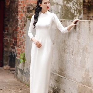 High quality Vietnamese Ao dai white, special Vietnamese Ao Dai trang, include pants image 4