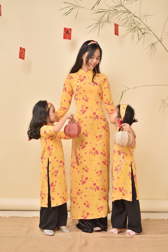 Ao Dai Vietnam for Mom and Kid, High Quality Vietnamese Traditional  Costume, Family Clothing, Soft Silk Clothes Include Pants 