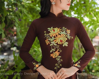 Hand embroidered ao dai, High quality Ao dai Vietnam, handmade Vietnamese traditional costume include pants