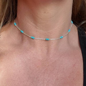 Delicate Sterling Silver Necklace With Turquoise Beads, 925 Choker, Layering Necklace, Turquoise Necklace, Sterling Necklace, Chain Choker