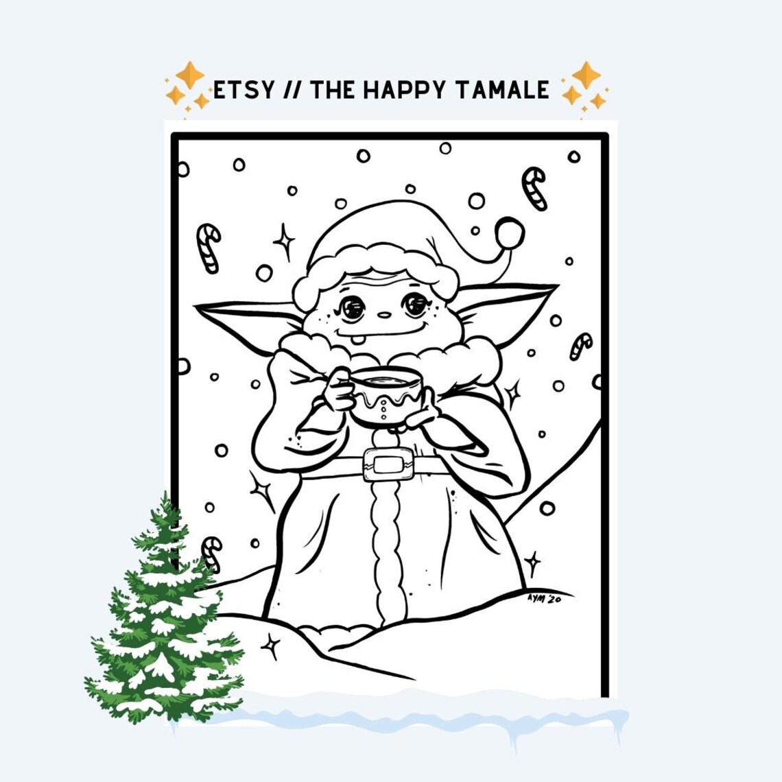 Baby Yoda Grogu Star Wars Christmas Coloring Page Set for Kids and