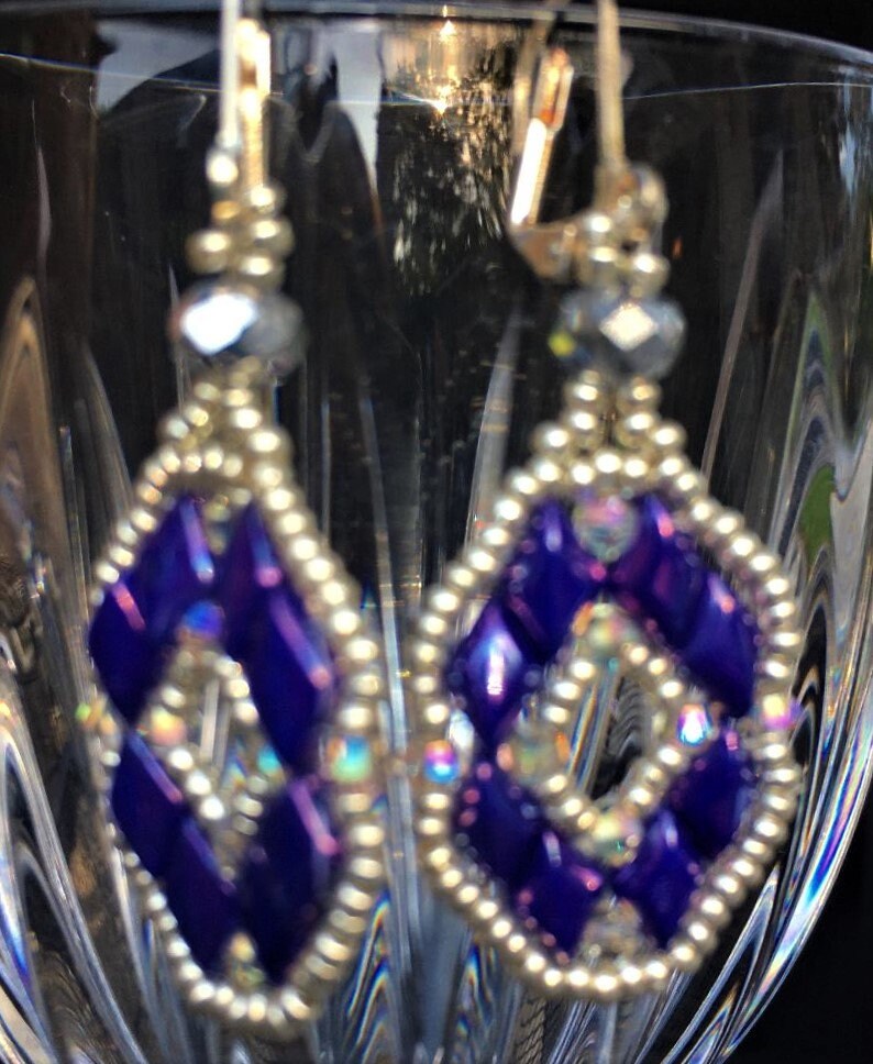 Lever Back Ear Wires Dark Blue Speckled Gold /& Crystal Earrings with Gold Bead Accents Earrings