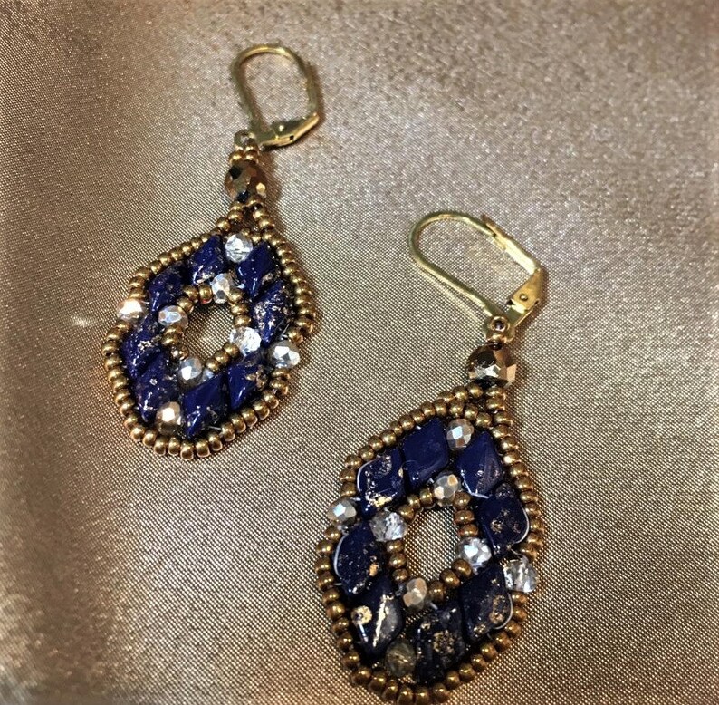 Lever Back Ear Wires Dark Blue Speckled Gold /& Crystal Earrings with Gold Bead Accents Earrings