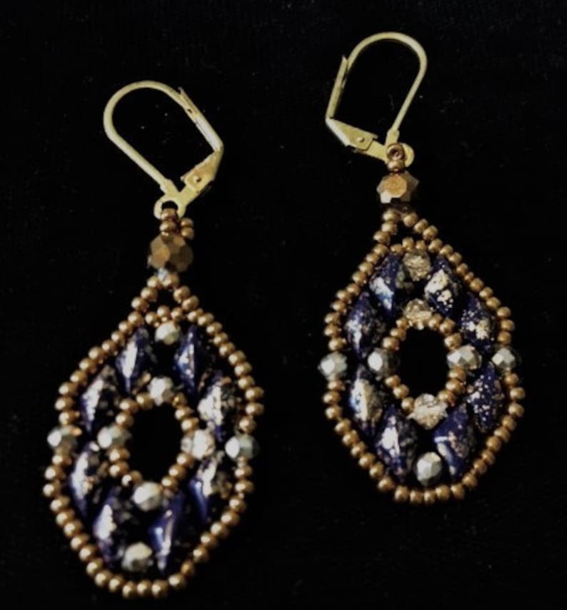 Lever Back Ear Wires Dark Blue Speckled Gold /& Crystal Earrings with Gold Bead Accents Earrings