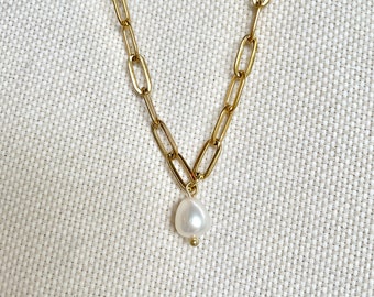 Paperclip Chain Pearl Necklace - Freshwater Pearl - Gold Paperclip Chain