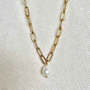 Paperclip Chain Pearl Necklace - Freshwater Pearl - Gold Paperclip Chain