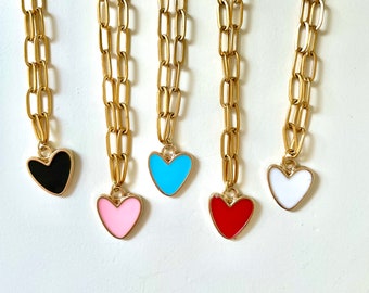 Pink - White - Blue - Black - Red Enamel Heart Paperclip Chain Necklace