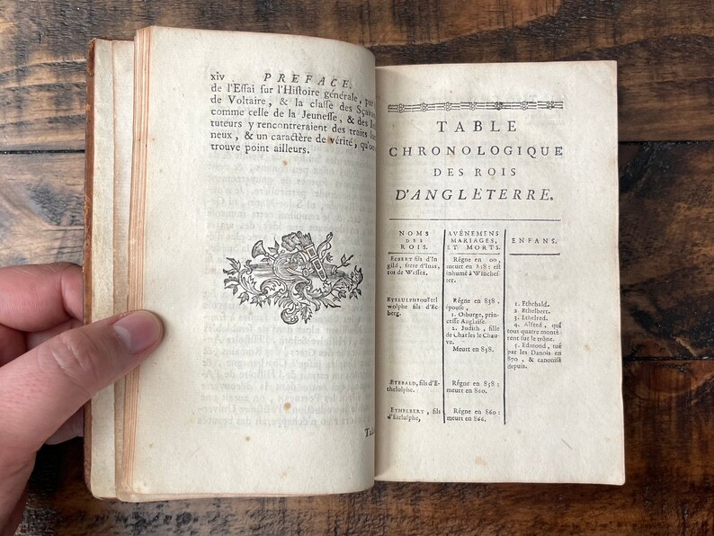 May include: An open book with a decorative design on the left page and a table of contents for the Kings of England on the right page. The title of the table is "Table Chronologique des Rois d'Angleterre".