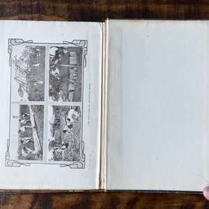 May include: An open book with black binding and a white interior. The book has four black and white photographs of a construction project. The text on the page reads "The Evolution of the American School".