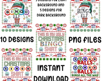 May include: A set of 10 digital designs featuring Christmas-themed bingo cards with various designs. The designs include a Christmas elf, a bingo ball with the text "Bingo Balls", and a shirt with the text "This is my ugly Christmas Bingo Shirt". The designs are available for instant download as PNG files.