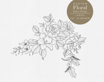 Large Custom Floral Bouquet Tattoo – Fine Line Floral Design – Personalized Botanical Art (Digital Download)