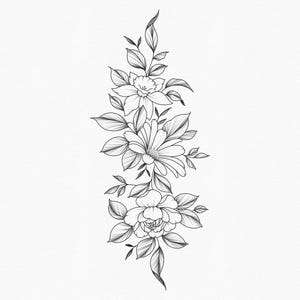 May include: A black and white line drawing of a floral arrangement with three flowers. The flowers are a rose, a daisy, and a daffodil. The flowers are arranged vertically with the rose at the bottom, the daisy in the middle, and the daffodil at the top. The flowers are surrounded by leaves and stems.