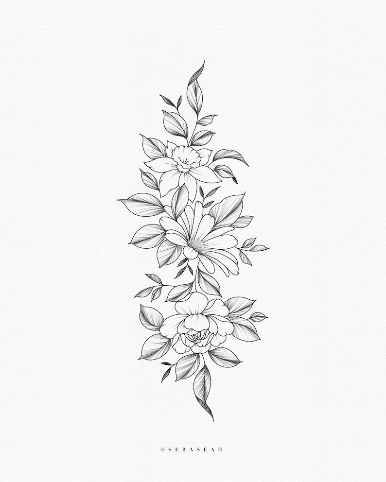 May include: A black and white line drawing of a floral arrangement with three flowers. The flowers are a rose, a daisy, and a daffodil. The flowers are arranged vertically with the rose at the bottom, the daisy in the middle, and the daffodil at the top. The flowers are surrounded by leaves and stems.