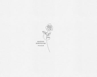 Rose Tattoo Design – June Birth Flower – Fine Line Minimalist Floral Tattoo Stencil (Digital Download)