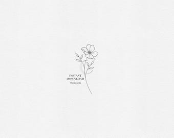 Cosmos Tattoo Design – October Birth Flower – Fine Line Minimalist Floral Tattoo Stencil (Digital Download)