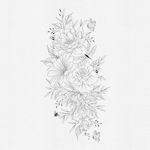 May include: A black and white line drawing of a floral bouquet with butterflies and bees. The bouquet includes a variety of flowers, including roses, daisies, and lilies. The flowers are arranged in a cascading pattern, with the largest flowers at the top and the smallest flowers at the bottom. The butterflies and bees are flying around the flowers.