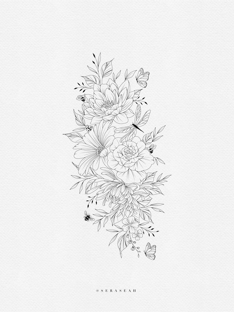 May include: A black and white line drawing of a floral bouquet with butterflies and bees. The bouquet includes a variety of flowers, including roses, daisies, and lilies. The flowers are arranged in a cascading pattern, with the largest flowers at the top and the smallest flowers at the bottom. The butterflies and bees are flying around the flowers.