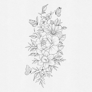 May include: Black and white line art illustration of a floral bouquet with butterflies. The bouquet includes a large peony, a daisy, and daffodils. The text "Let it be" is included in the image.