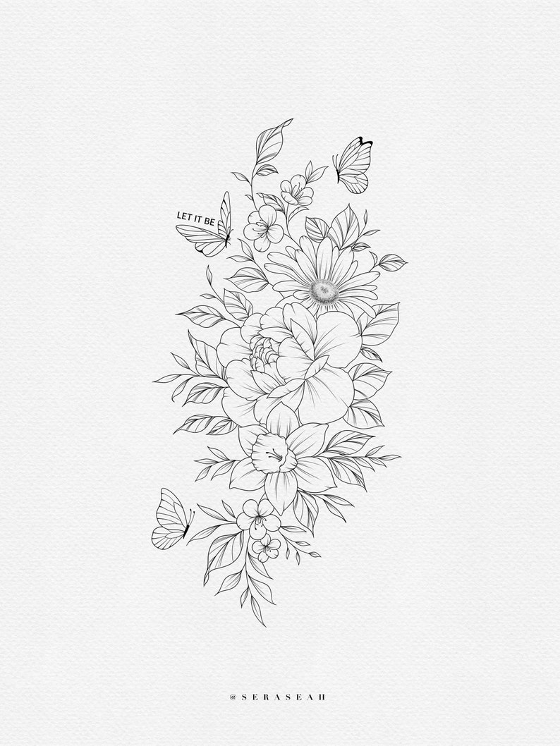 May include: Black and white line art illustration of a floral bouquet with butterflies. The bouquet includes a large peony, a daisy, and daffodils. The text "Let it be" is included in the image.