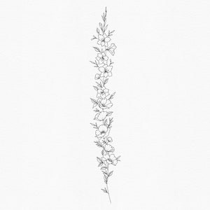 May include: A line drawing of a floral stem with delicate flowers. The flowers are arranged in a vertical line, with the stem extending from the bottom of the image to the top. The flowers are simple and elegant, with a minimalist style. The image is captioned with "#seraseah".
