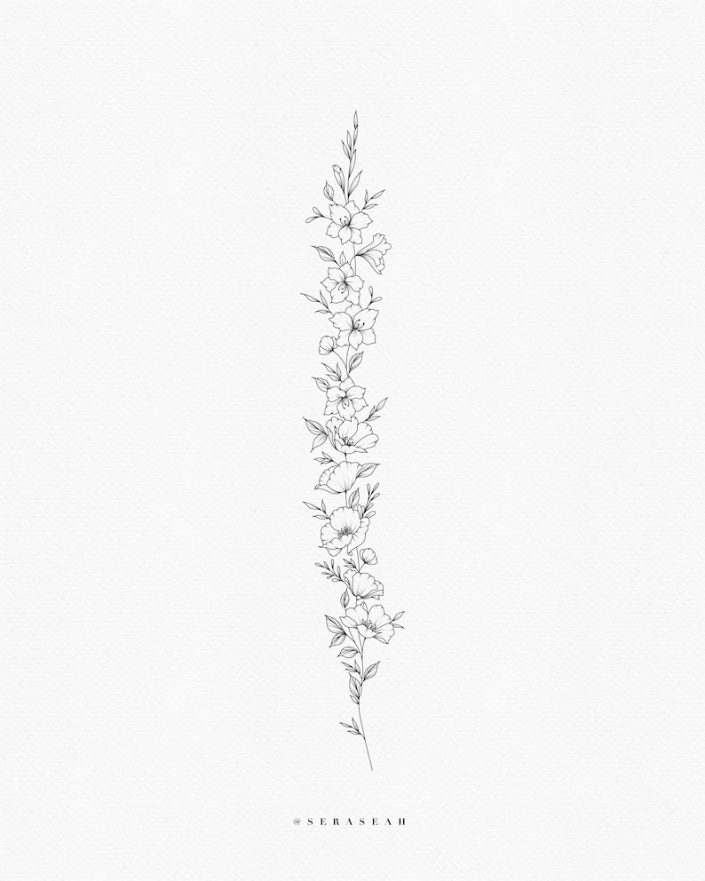 May include: A line drawing of a floral stem with delicate flowers. The flowers are arranged in a vertical line, with the stem extending from the bottom of the image to the top. The flowers are simple and elegant, with a minimalist style. The image is captioned with "#seraseah".