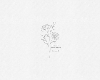 Carnation and Aster Tattoo Design – Fine Line Minimalist Floral – Birth Flower Bouquet (Digital Download)