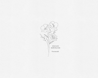 Poppy and Daisy Tattoo Design – Fine Line Minimalist Floral – Birth Flower Bouquet (Digital Download)