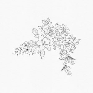 May include: Line art drawing of a floral bouquet with roses, daisies, and other flowers. The bouquet is arranged in a corner of the image and is drawn in black ink on a white background.