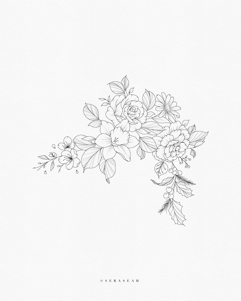 May include: Line art drawing of a floral bouquet with roses, daisies, and other flowers. The bouquet is arranged in a corner of the image and is drawn in black ink on a white background.
