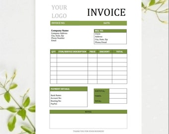 Invoice Template Green| Editable Invoice| Printable Invoice| Simple Invoice| Microsoft Word Invoice| Receipt