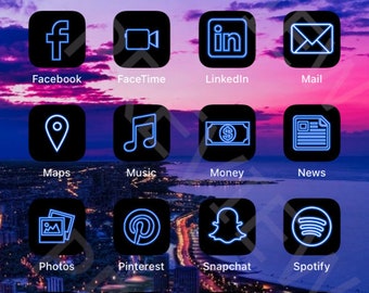 Blue iOS 14 App Icon Pack | Neon Aesthetic iOS 14 Icons | iPhone Icon Pack Neon | 71 Pack App Icons