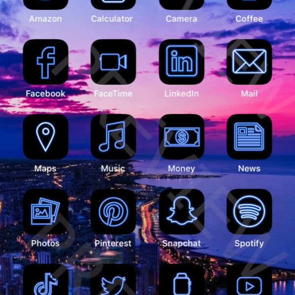 Blue iOS 14 App Icon Pack | Neon Aesthetic iOS 14 Icons | iPhone Icon Pack Neon | 71 Pack App Icons