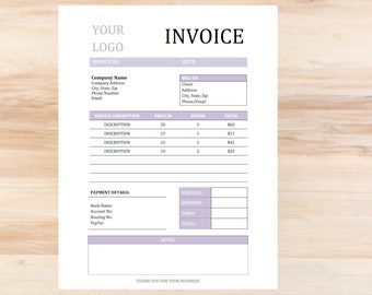 Invoice Template Purple| Editable Invoice| Printable Invoice| Simple Invoice| Microsoft Word Invoice| Receipt