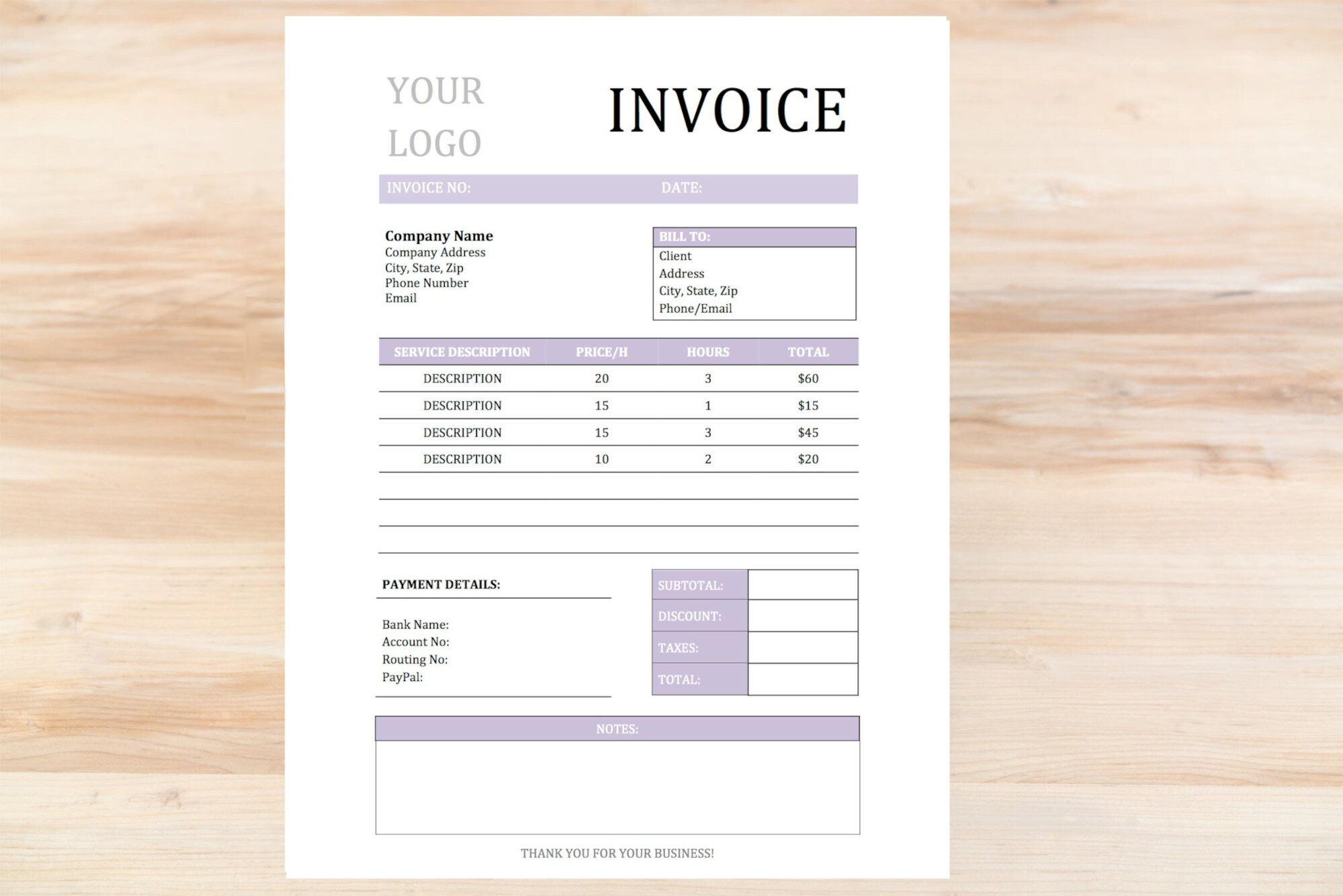 Invoice Template Purple Editable Invoice Printable Invoice - Etsy