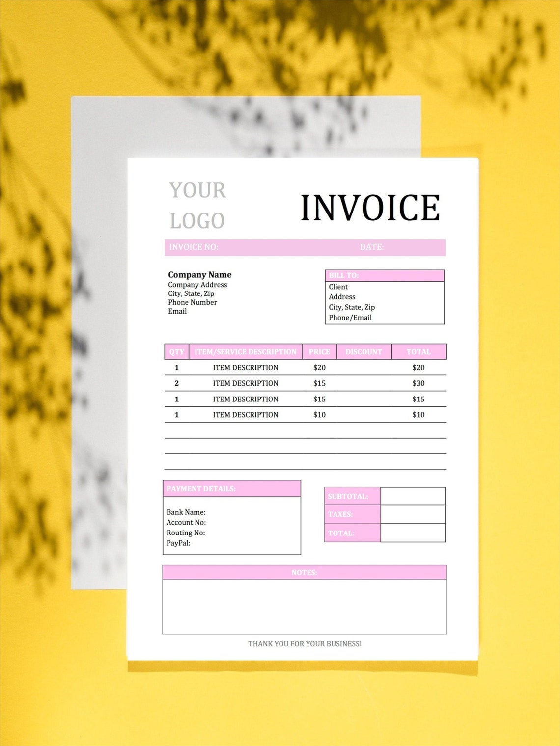 Invoice Template Pink| Editable Invoice| Printable Invoice| Simple ...