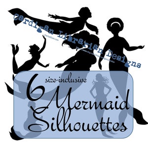 Op de afbeelding: Zes zwarte silhouetten van zeemeerminnen in verschillende poses. De tekst "size-inclusive 6 Mermaid Silhouettes" staat in een blauwe doos.