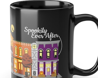 Halloween Town Black Mug, Spooky Romance Design, 15oz