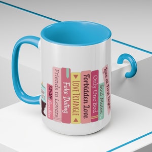 Romance Tropes 3.0 Bookshelf Bookstack - choose Pink or Blue Accent Color: Two-Tone Coffee Mug, 15oz, Microwave & Dishwasher Safe! image 10