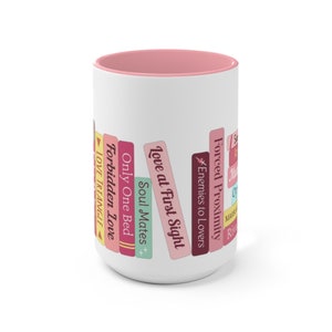 Romance Tropes 3.0 Bookshelf Bookstack - choose Pink or Blue Accent Color: Two-Tone Coffee Mug, 15oz, Microwave & Dishwasher Safe! image 2